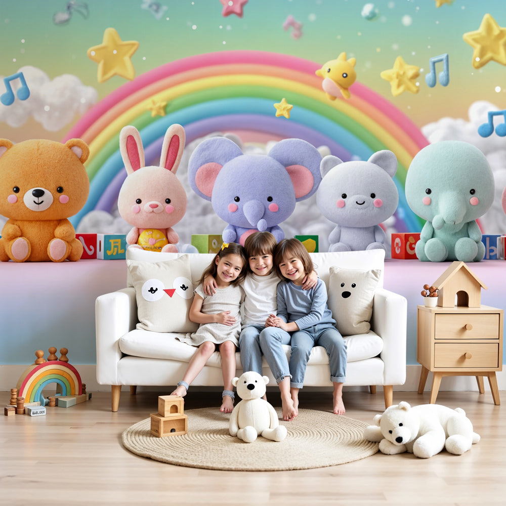 Rainbow mural wallpaper with plush animals decorating bright nursery room by Kids-Mundo