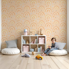 Rainbow butterfly mural wallpaper in soft pastels decorating a cozy nursery room by Kids-Mundo