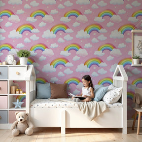 Rainbow mural wallpaper creating magical nursery decor with pink background by Kids-Mundo