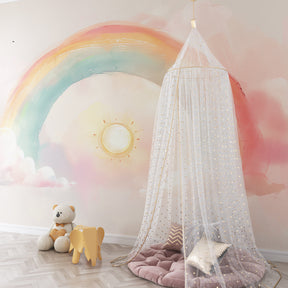 Rainbow and sun mural wallpaper creating calming kids playroom decor by Kids-Mundo