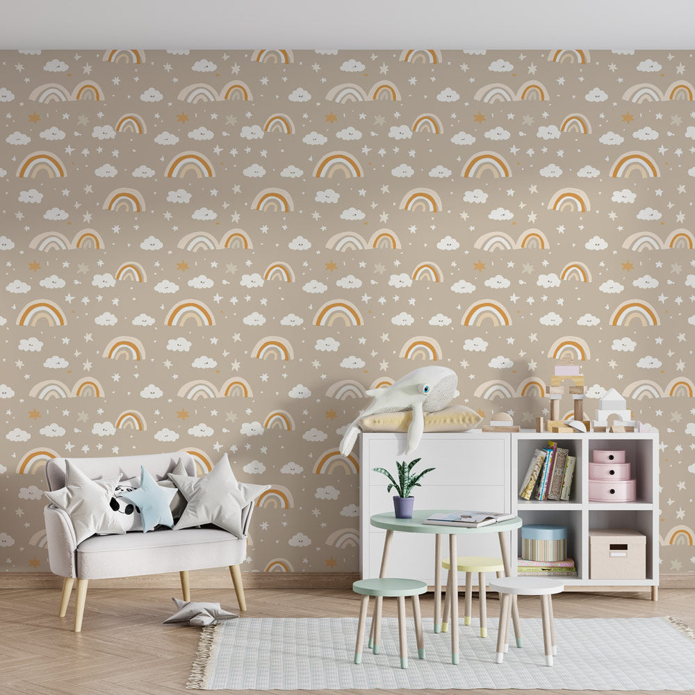 Whimsical rainbow mural wallpaper transforming kids playroom with soft beige clouds