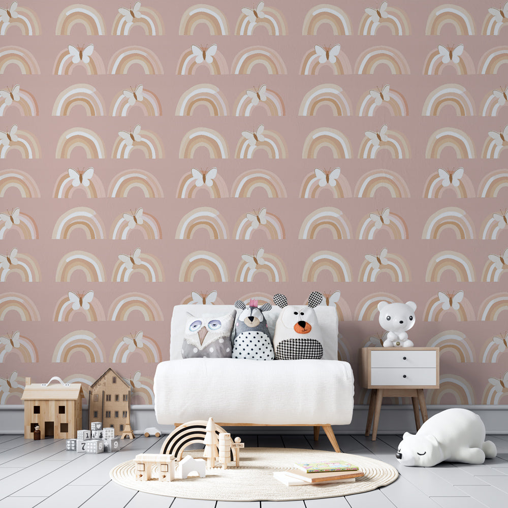 Enchanting rainbow and butterfly mural wallpaper transforming kids playroom with gentle pink tones