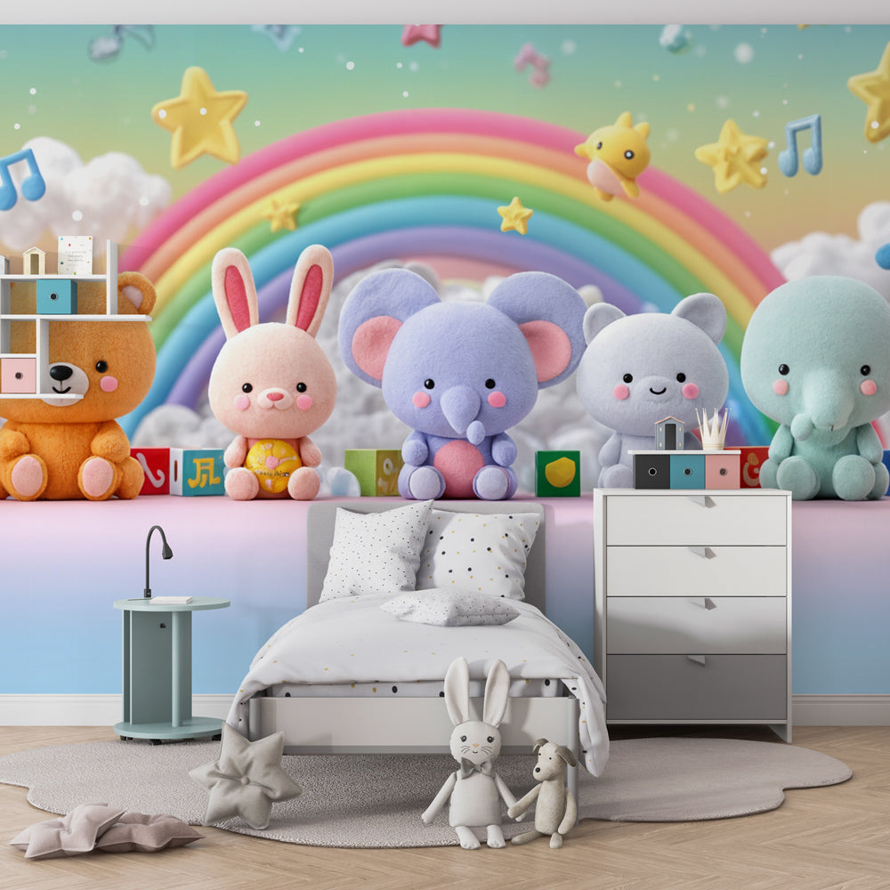 Musical rainbow wallpaper creating magical atmosphere in children's bedroom decor