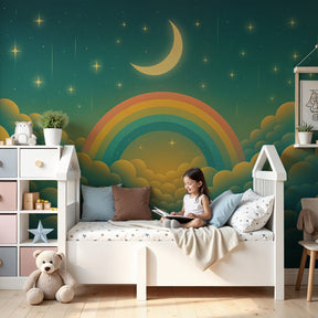 Rainbow night mural wallpaper with moon and stars in modern nursery by Kids-Mundo