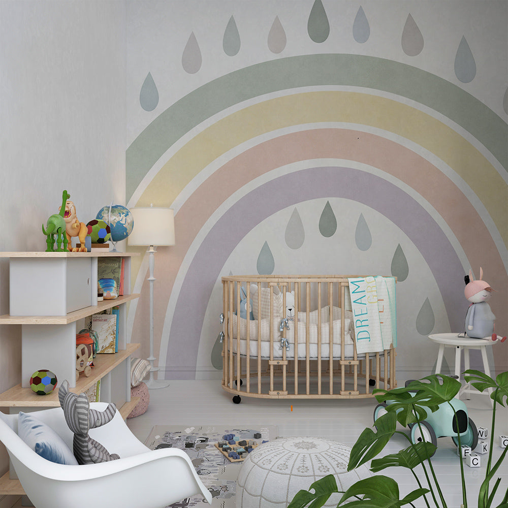 Kids-Mundo muted rainbow wall mural above a single bed in a kids bedroom