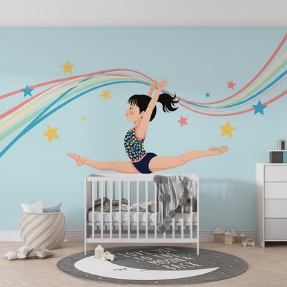 Kids-Mundo gymnastics wall mural shown on a feature wall in an active child's bedroom