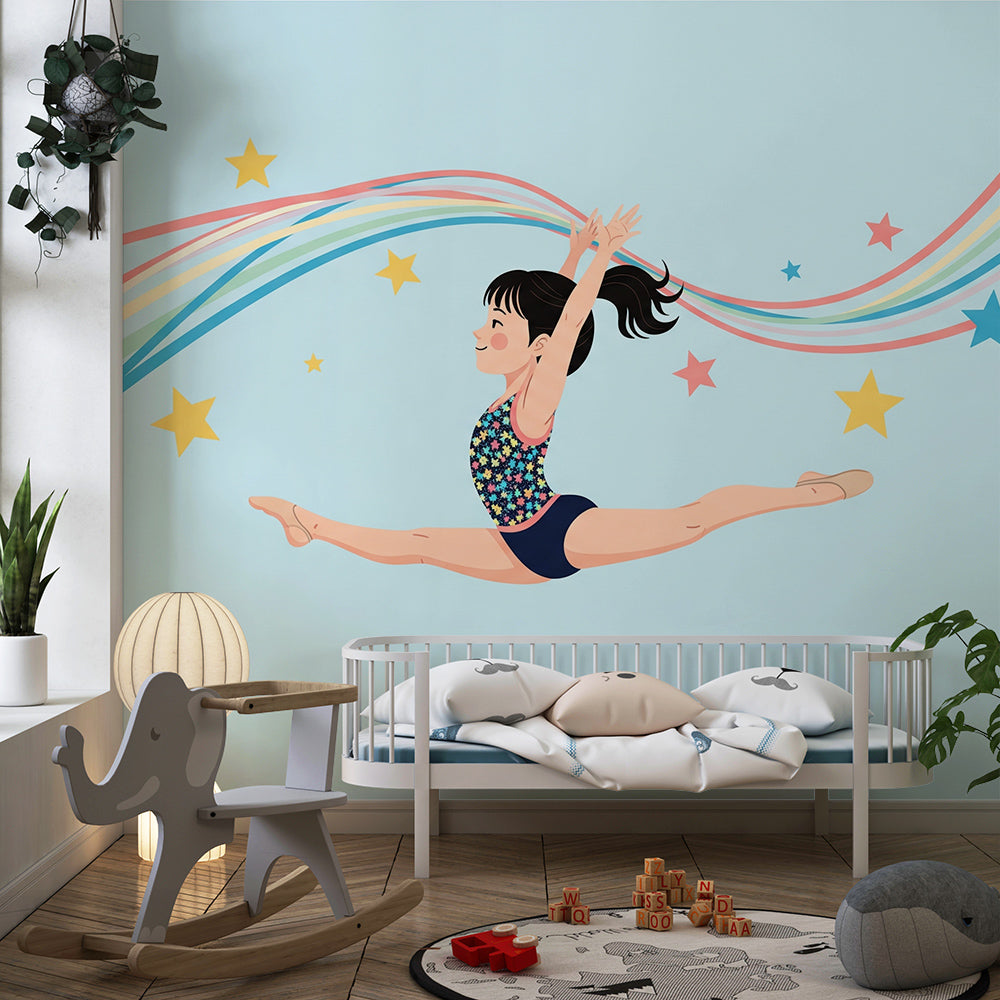 Kids-Mundo leaping gymnast wall mural brightening a lively children's playroom space
