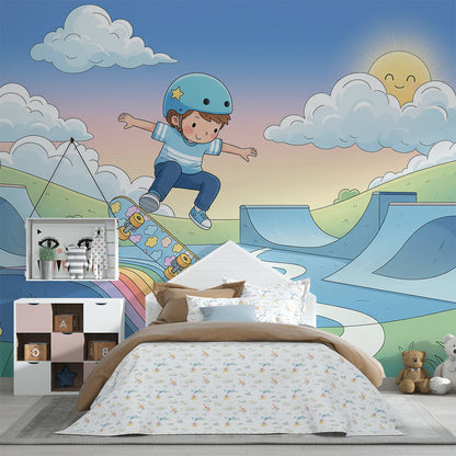 Kids-Mundo skate park wall mural shown on a feature wall in an active boy's bedroom