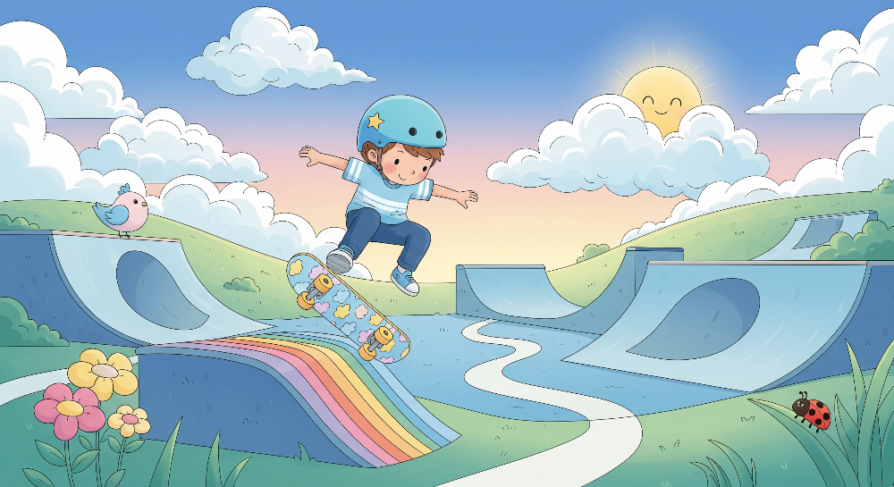 Kids-Mundo skater boy artwork over a rainbow ramp, a made to measure wall mural design