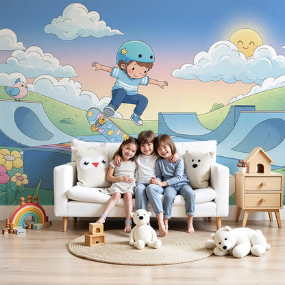 Kids-Mundo skater boy rainbow wall mural styled in a bright, playful nursery room