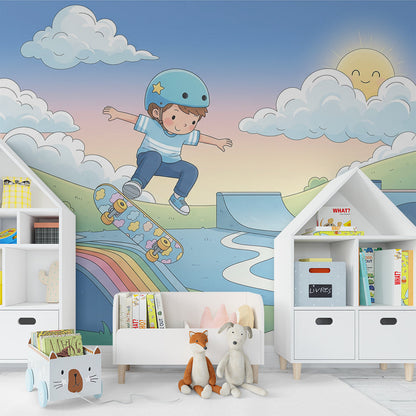 Kids-Mundo rainbow skate ramp wall mural brightening a fun children's playroom space