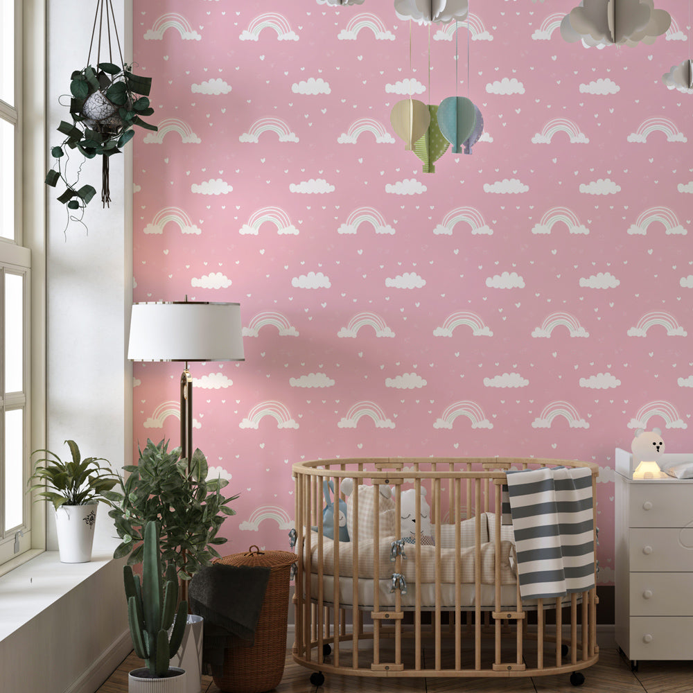Soft pink rainbow wallpaper transforming kids bedroom into dreamy sanctuary by Kids-Mundo