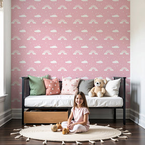 Rainbow sky mural wallpaper with pink clouds creating magical nursery decor by Kids-Mundo