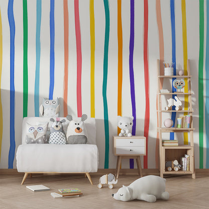 Kids-Mundo rainbow stripe wall mural adding colour to a child's bedroom