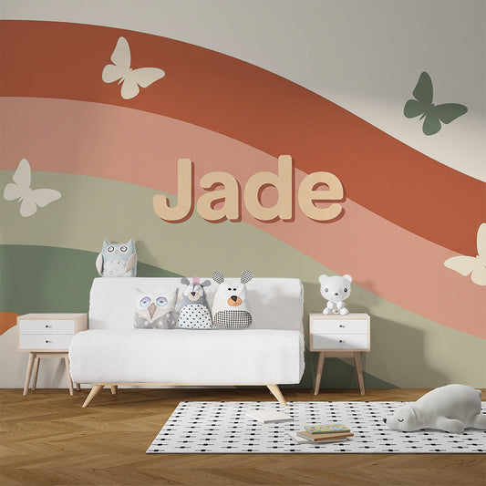 Kids-Mundo rainbow butterfly wall mural styled above a kids bedroom bed