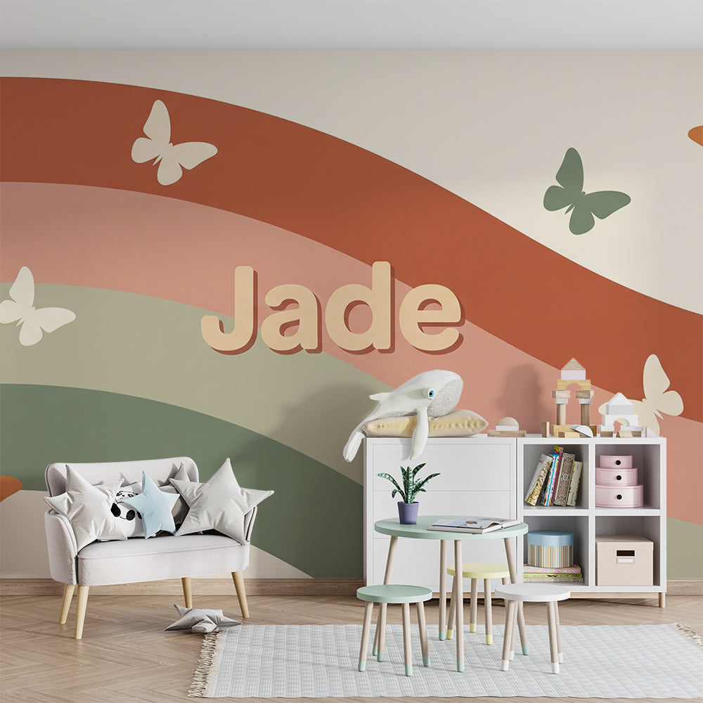 Kids-Mundo rainbow stripe butterfly wall mural brightening a children's playroom