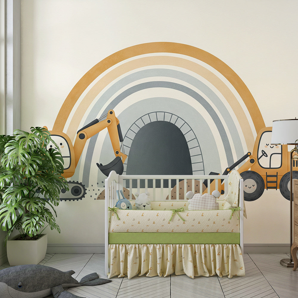Kids-Mundo rainbow tunnel digger wall mural above a bed in a bright kids bedroom.