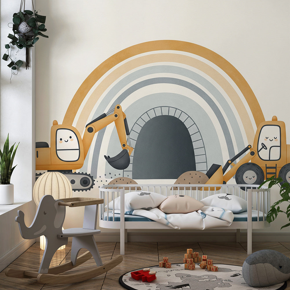 Kids-Mundo rainbow tunnel digger wall mural adding adventure to a children's playroom.