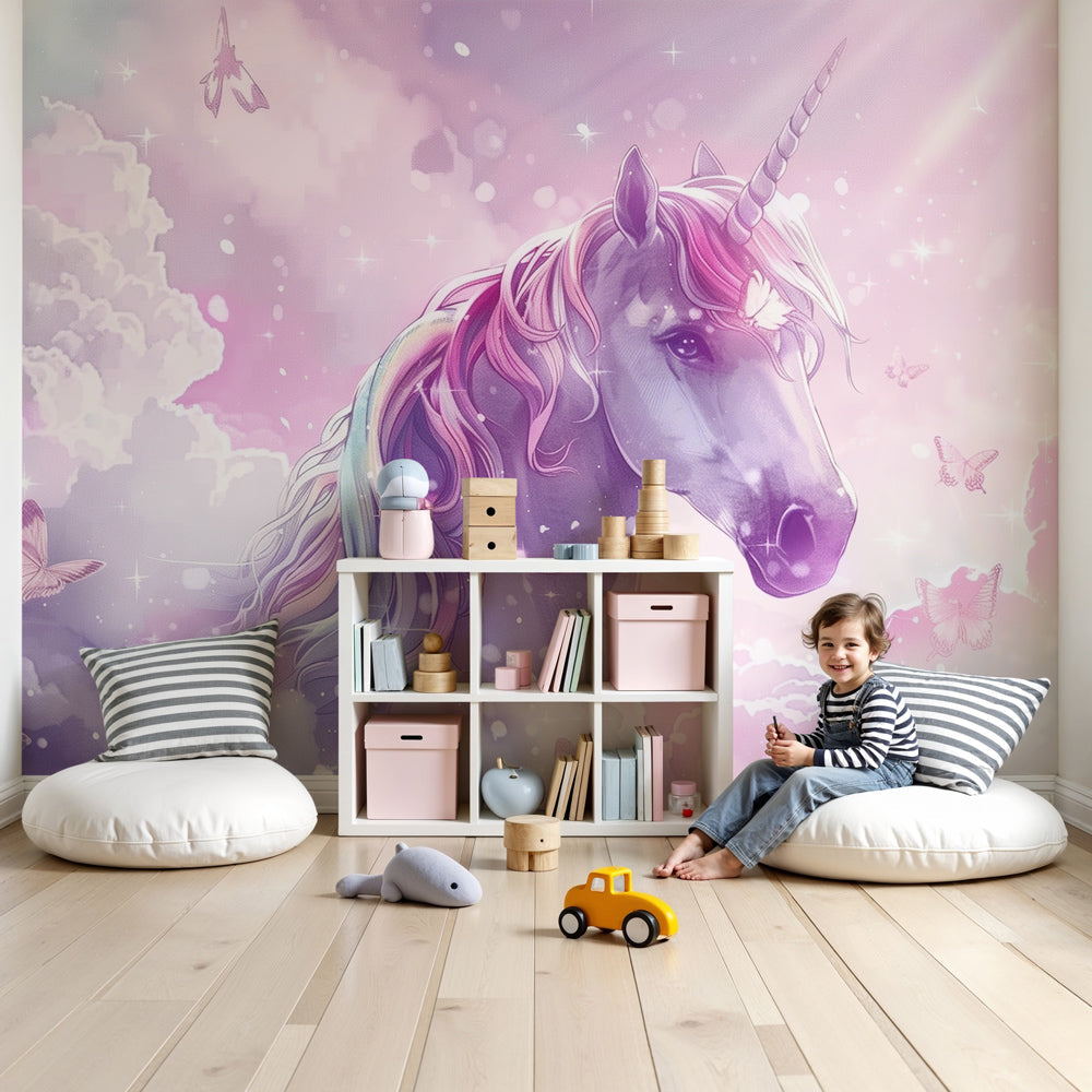 Kids-Mundo rainbow unicorn wall mural behind a cot in a soft pink and lilac nursery.