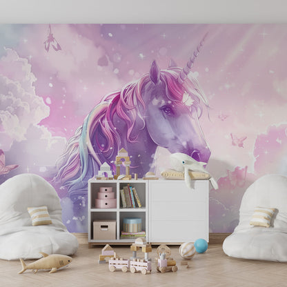 Kids-Mundo unicorn and butterfly wall mural brightening a magical children's playroom.