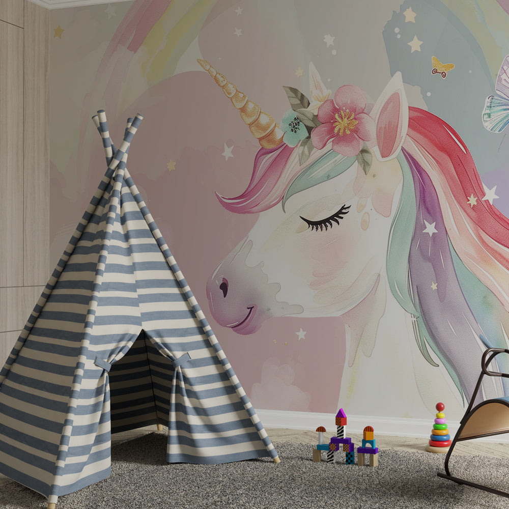 Kids-Mundo unicorn wall mural covering a feature wall in a bright, magical kids bedroom.