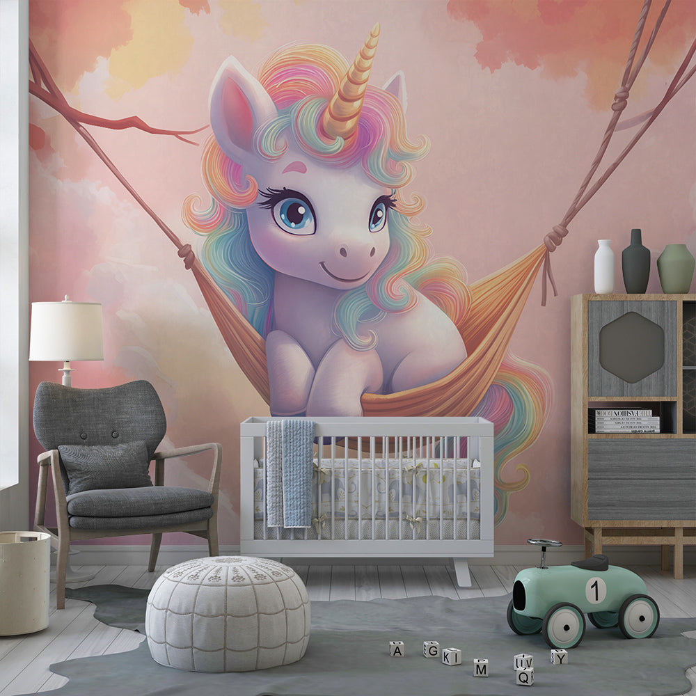 Kids-Mundo unicorn hammock wall mural styled in a magical children's bedroom