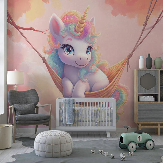 Kids-Mundo unicorn hammock wall mural styled in a magical children's bedroom
