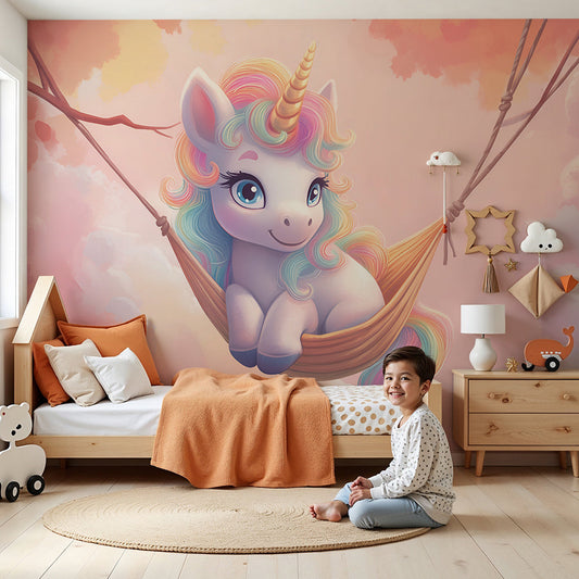 Kids-Mundo rainbow unicorn wall mural in a dreamy pastel baby nursery room