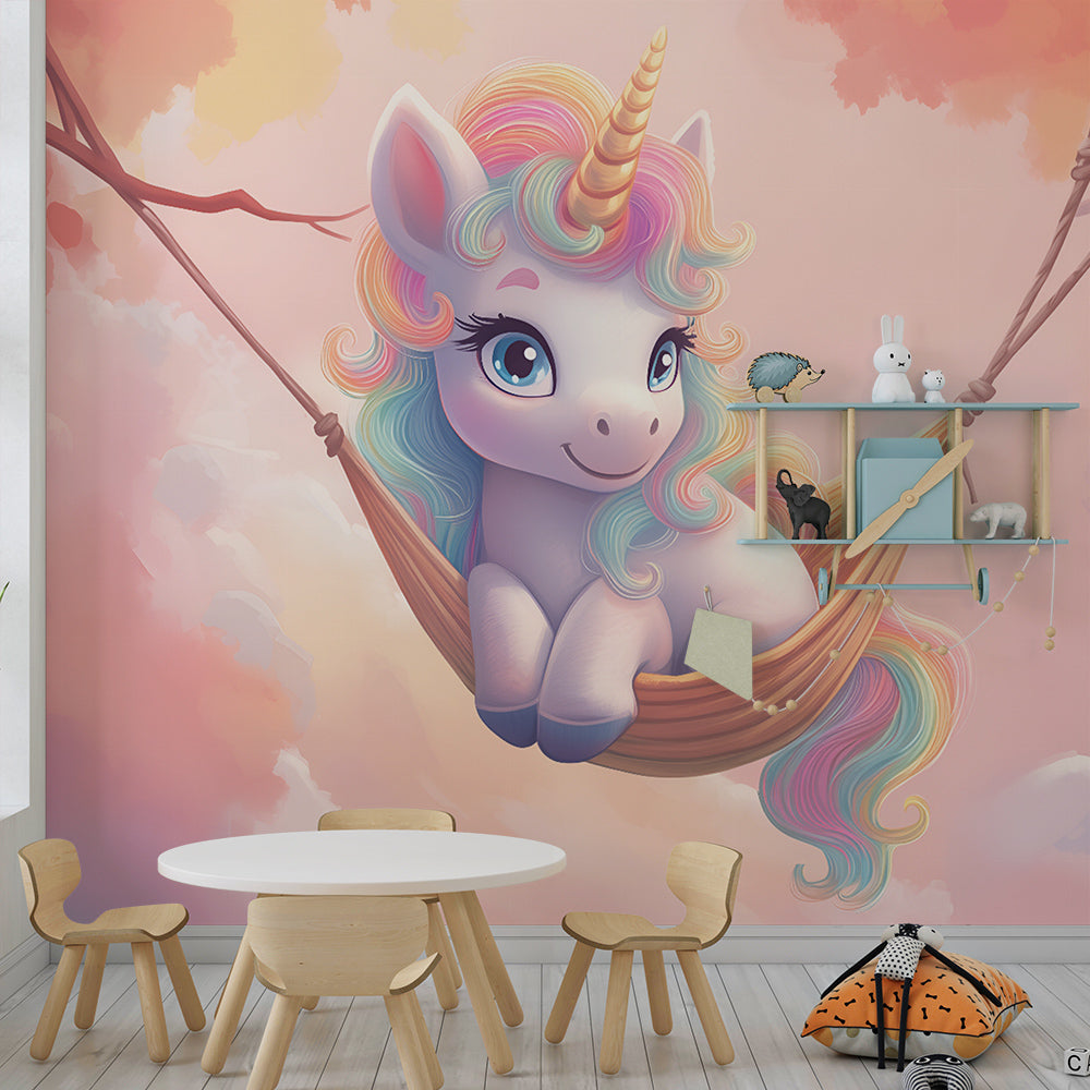 Kids-Mundo rainbow unicorn wall mural decorating a soft pastel playroom wall