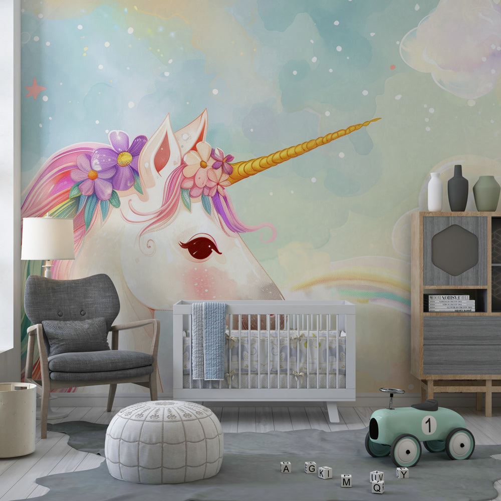 Kids-Mundo unicorn wallpaper mural in a girl's bedroom, adding rainbow colour to a feature wall.