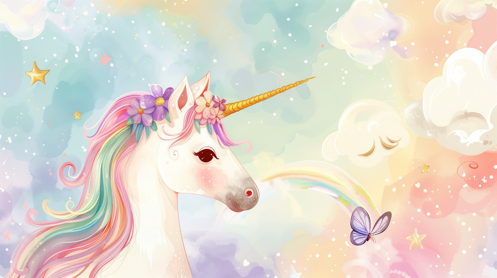 Kids-Mundo flat artwork of a rainbow unicorn with flower crown used for this made-to-measure wall mural.