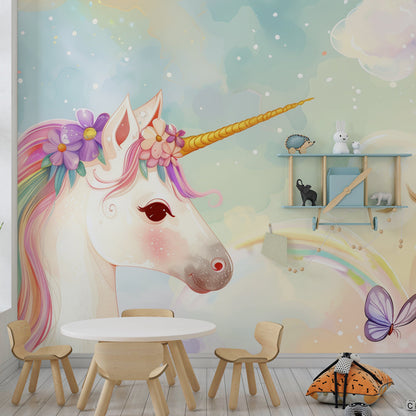 Kids-Mundo unicorn and rainbow wall mural brightening a magical children's playroom space.