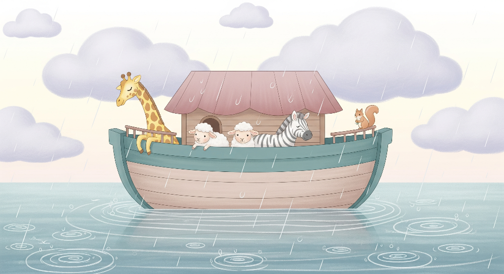 Giraffe and Friends Rainy Ark Boat Wall Mural