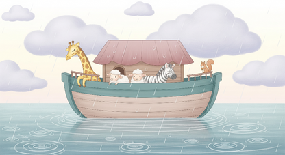 Kids-Mundo flat artwork preview of the rainy ark boat wall mural with giraffe and friends