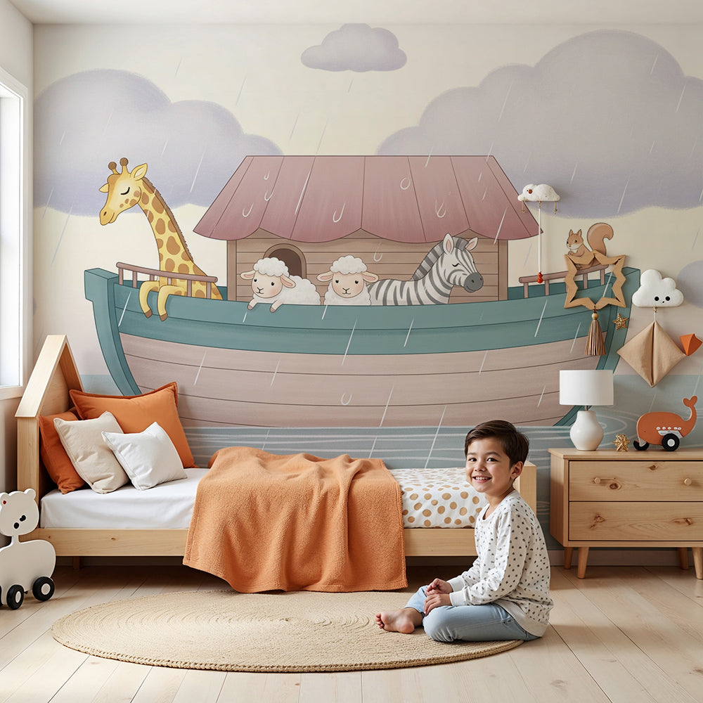 Kids-Mundo rainy ark boat wall mural with giraffe styled in a soft pastel nursery