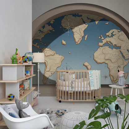 Kids-Mundo sculpted world map wall mural behind a bed in a kids bedroom.