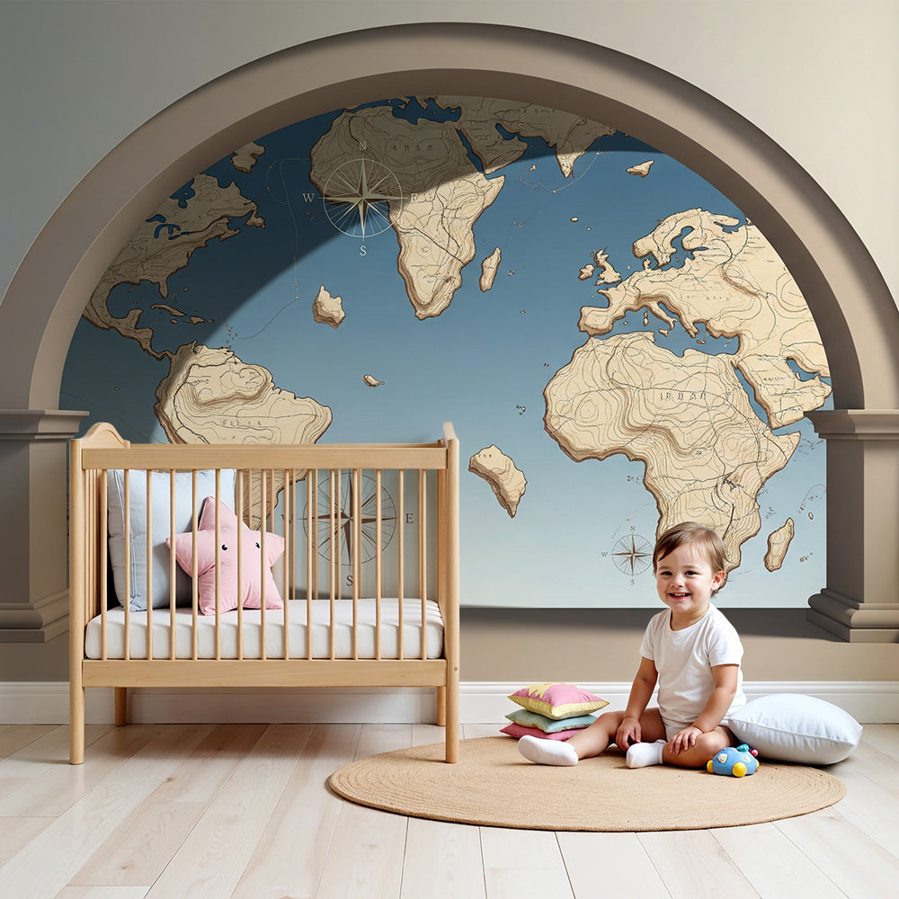 Kids-Mundo raised relief world map wall mural styled in a calm, modern nursery.