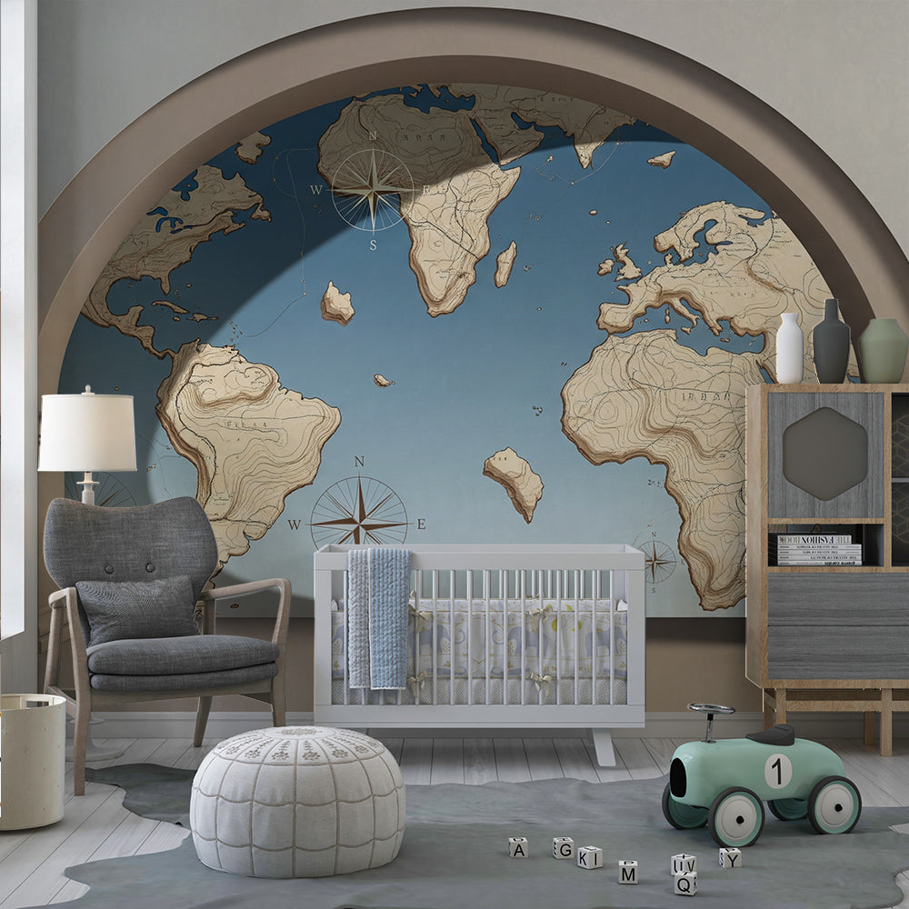 Kids-Mundo stone archway world map wall mural covering a wall in a playroom.