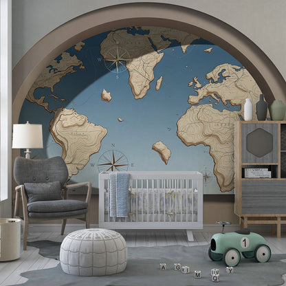 Kids-Mundo stone archway world map wall mural covering a wall in a playroom.