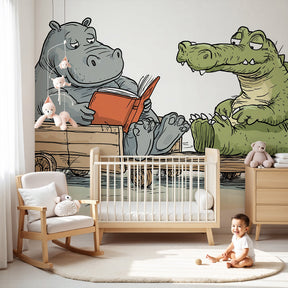 Reading animals mural wallpaper with hippo and crocodile in cozy kids bedroom by Kids-Mundo