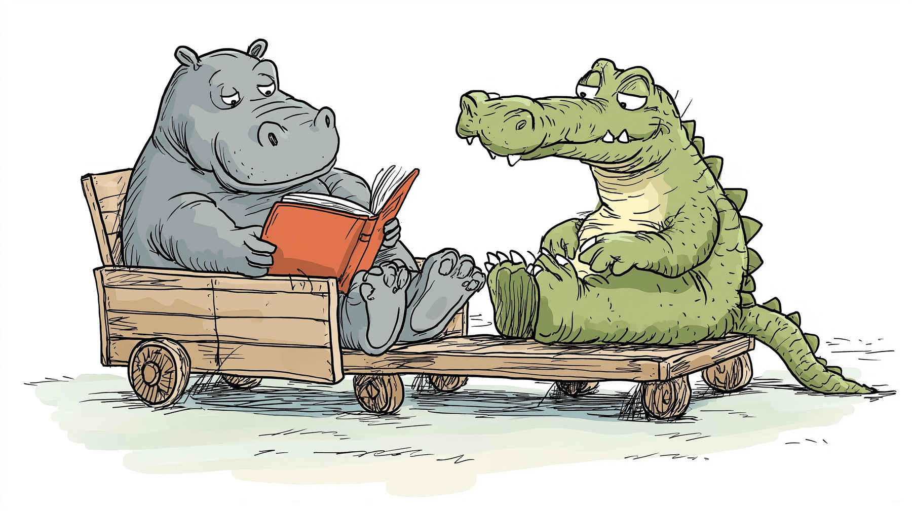 Detailed reading animals mural wallpaper design pattern showing hippo and crocodile by Kids-Mundo