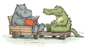 Detailed reading animals mural wallpaper design pattern showing hippo and crocodile by Kids-Mundo