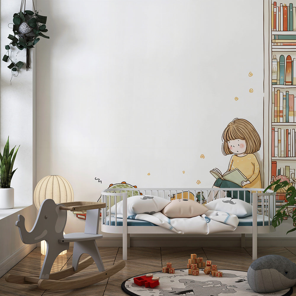 Kids-Mundo reading-corner dinosaur wall mural on a feature wall in a child's bedroom