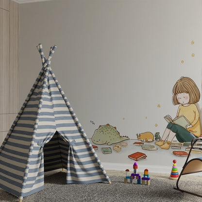 Kids-Mundo girl and dinosaur reading mural decorating a cosy playroom wall