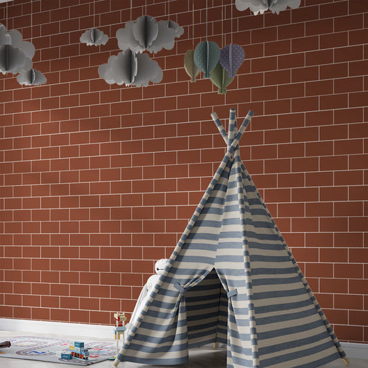 Kids-Mundo red brick effect wall mural, printed made to measure for a child's bedroom wall.