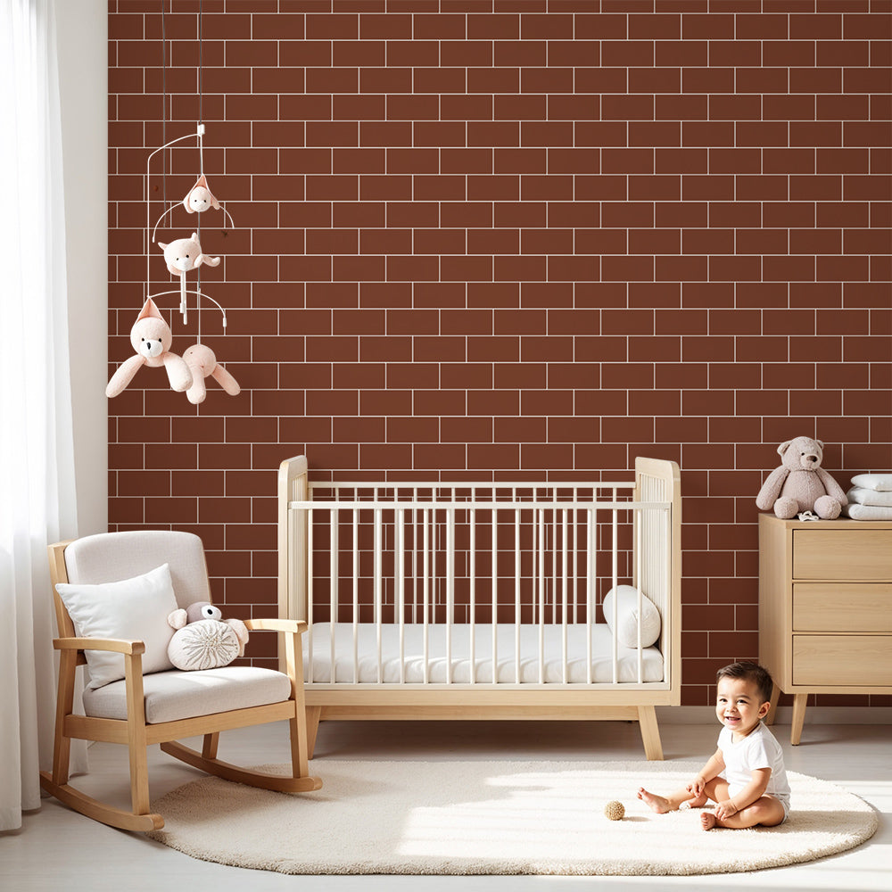 Kids-Mundo red brick wall mural, made to measure and shown in a warm, cosy nursery setting.
