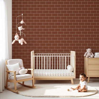 Kids-Mundo red brick wall mural, made to measure and shown in a warm, cosy nursery setting.