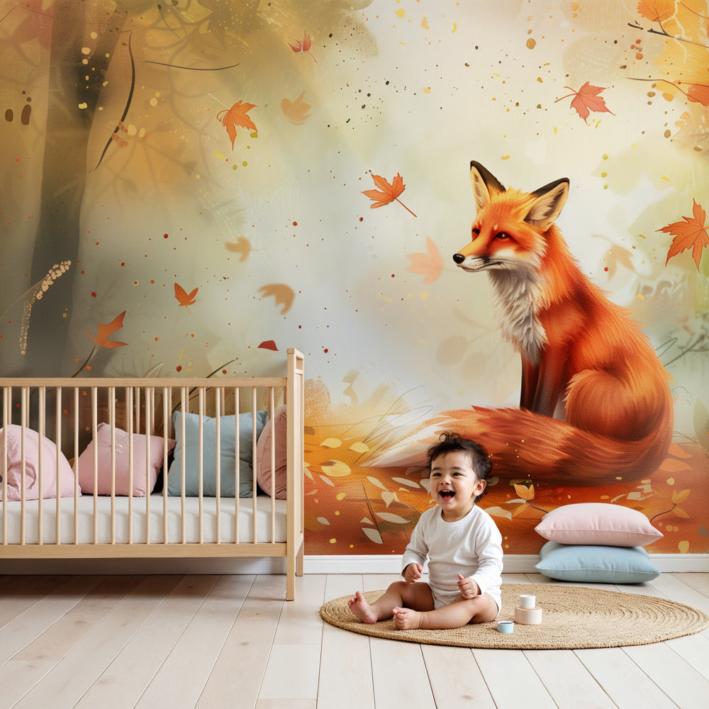 Kids-Mundo red fox autumn forest wall mural styled in a warm, cosy nursery setting
