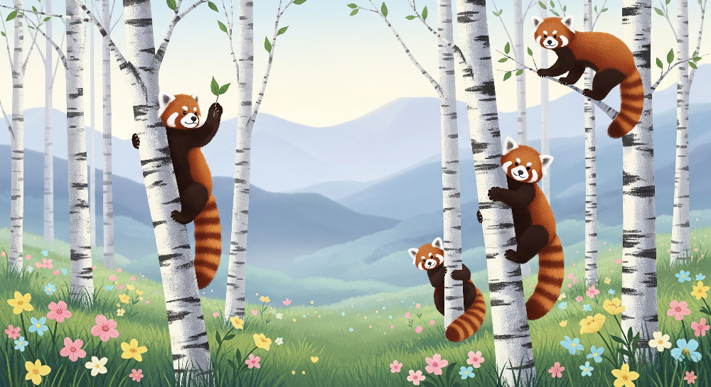 Red Pandas in a Birch Forest Wall Mural