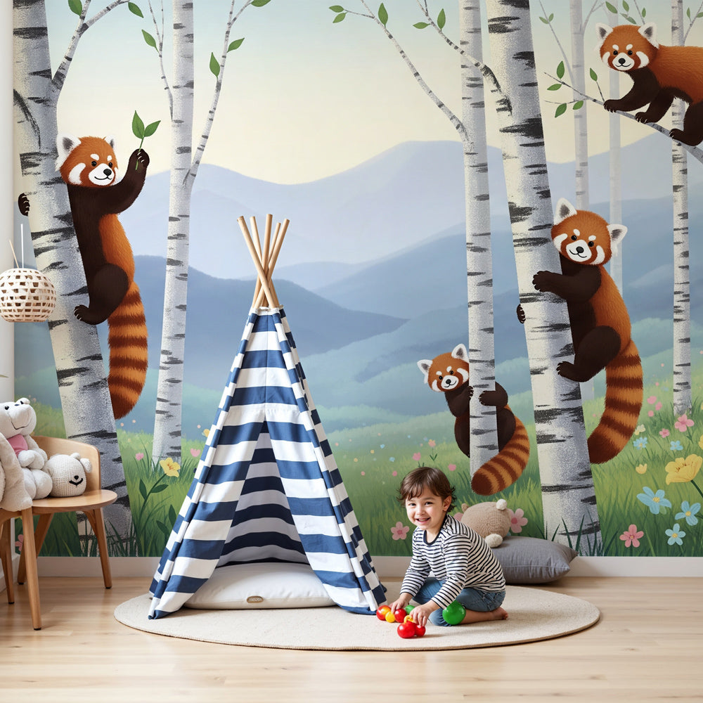 Kids-Mundo red panda birch forest wall mural in a soft green nursery with a cot